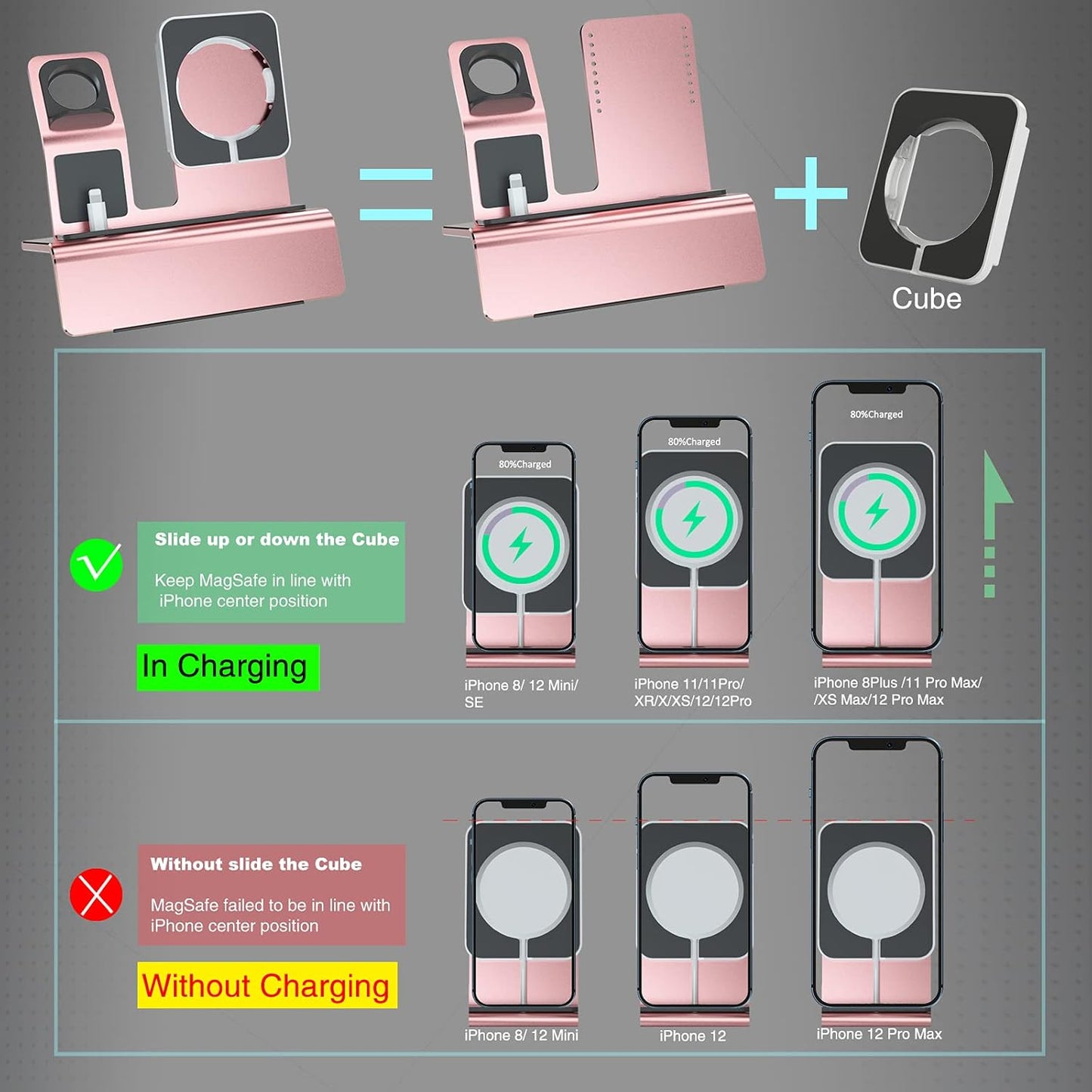 Aluminum Charging Stand for Apple Device 3 in 1 Charger Stand Holder Compatible with Magsafe Charger Iwatch Charger Airpods Pro/2/1 and Iphone Stand Holder(Charger & Cable Required)-Rose Gold