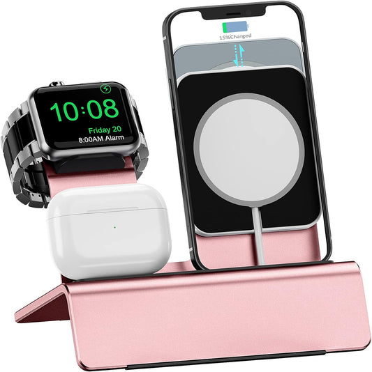 Aluminum Charging Stand for Apple Device 3 in 1 Charger Stand Holder Compatible with Magsafe Charger Iwatch Charger Airpods Pro/2/1 and Iphone Stand Holder(Charger & Cable Required)-Rose Gold